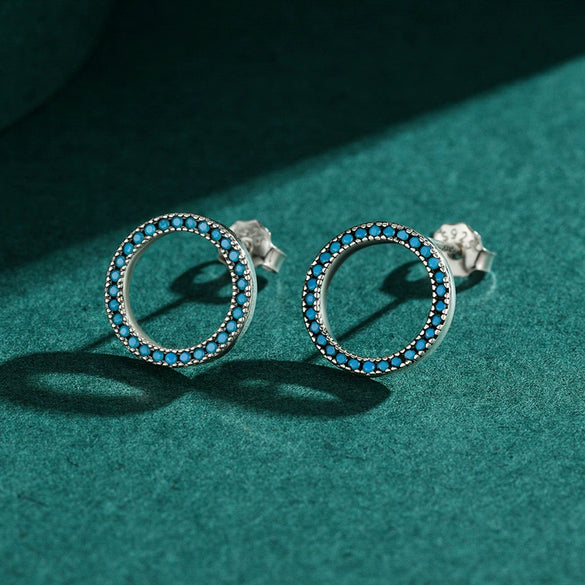 Wholesale S925 Sterling Silver Geometric Round Turquoise Microinlay Earrings