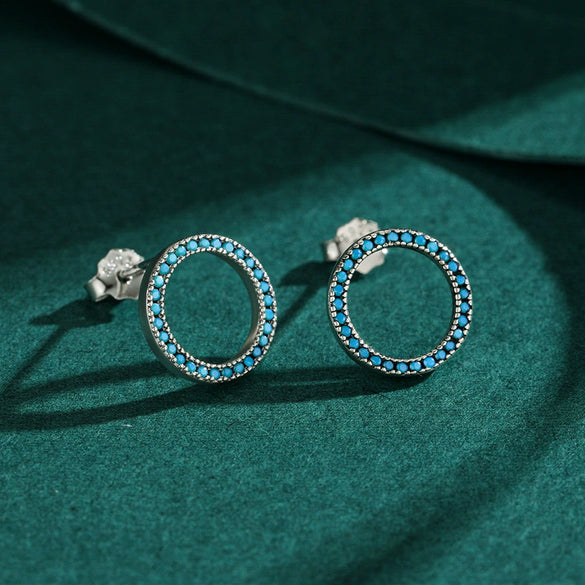 Wholesale S925 Sterling Silver Geometric Round Turquoise Microinlay Earrings
