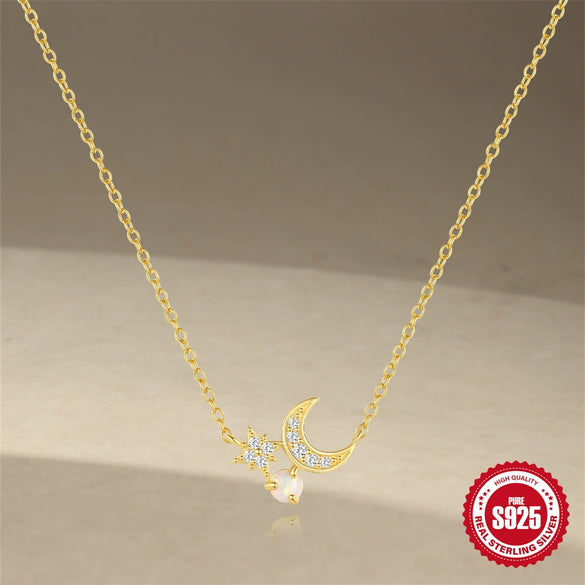 Wholesale S925 Sterling Silver Geometric Sixpoint Star Moon Opal Necklace With Zirconia Treatment And Ochain