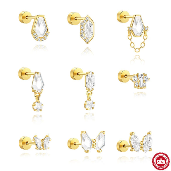 Wholesale S925 Sterling Silver Geometric Specialshaped Electroplated Noncolliding Zircon Thicksoled Flathead External Thread Piercing Earrings For Women