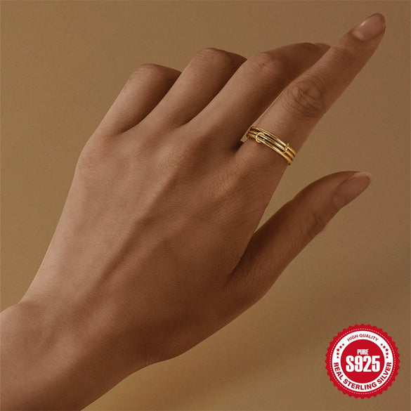Wholesale S925 Sterling Silver Geometric Stacking Lock Food Ring With Electroplating And Real Gold Plating