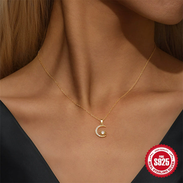 Wholesale S925 Sterling Silver Geometric Star And Moon Pendant O Word Chain Necklace For Women With Electroplating Design