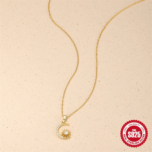 Wholesale S925 Sterling Silver Geometric Star And Moon Pendant O Word Chain Necklace For Women With Electroplating Design