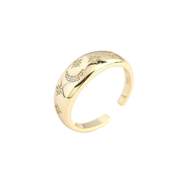 Wholesale S925 Sterling Silver Geometric Star And Moon Ring With Electroplating Adjustable Fashion Design