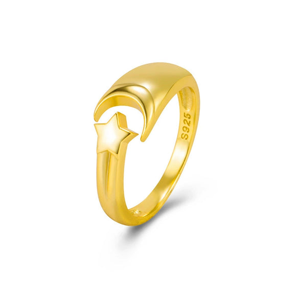 Wholesale S925 Sterling Silver Geometric Star And Moon Ring With Electroplating Adjustable Fashion Design