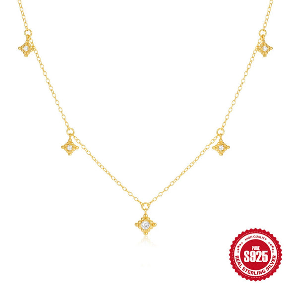 Wholesale S925 Sterling Silver Geometric Star Diamond Encrusted Collarbone Necklace With O Shaped Chain And Electroplating