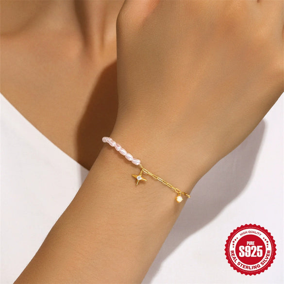 Wholesale S925 Sterling Silver Geometric Star Light Luxury Diamond Pearl Elegant Women's Bracelet With Electroplating And Real Gold Plating