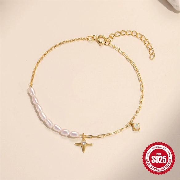Wholesale S925 Sterling Silver Geometric Star Light Luxury Diamond Pearl Elegant Women's Bracelet With Electroplating And Real Gold Plating