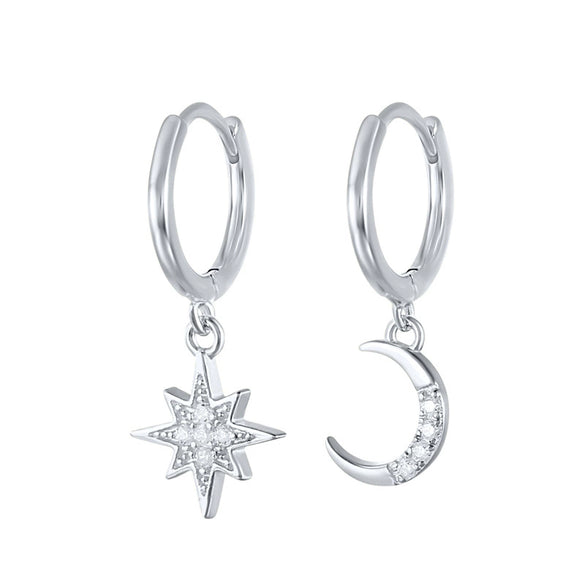 Wholesale S925 Sterling Silver Geometric Star Moon Asymmetric Earrings With Inlaid Zircon And Creative Ear Buckle Unisex Fashion Jewelry