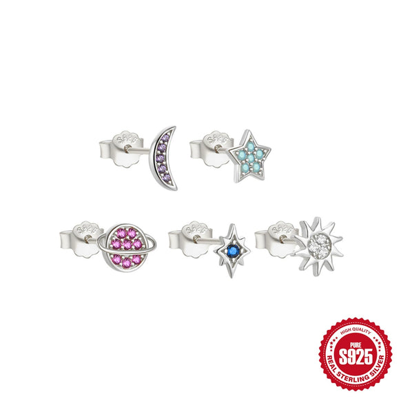 Wholesale S925 Sterling Silver Geometric Star Moon Color Diamond Planet Galaxy 5Piece Set Ear Studs Earrings With Electroplating