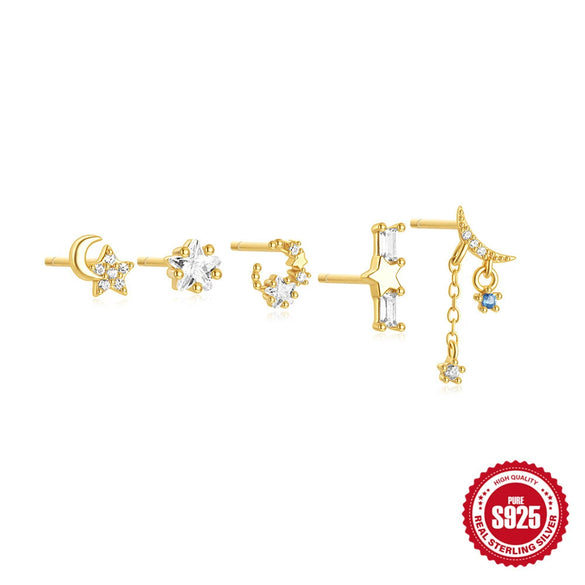 Wholesale S925 Sterling Silver Geometric Star Moon Color Diamond Planet Galaxy 5Piece Set Ear Studs Earrings With Electroplating