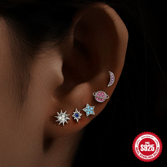 Wholesale S925 Sterling Silver Geometric Star Moon Color Diamond Planet Galaxy 5Piece Set Ear Studs Earrings With Electroplating