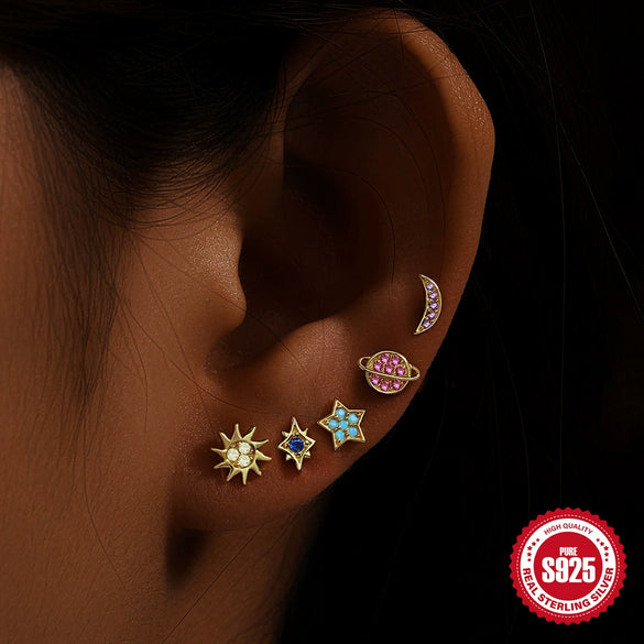 Wholesale S925 Sterling Silver Geometric Star Moon Color Diamond Planet Galaxy 5Piece Set Ear Studs Earrings With Electroplating