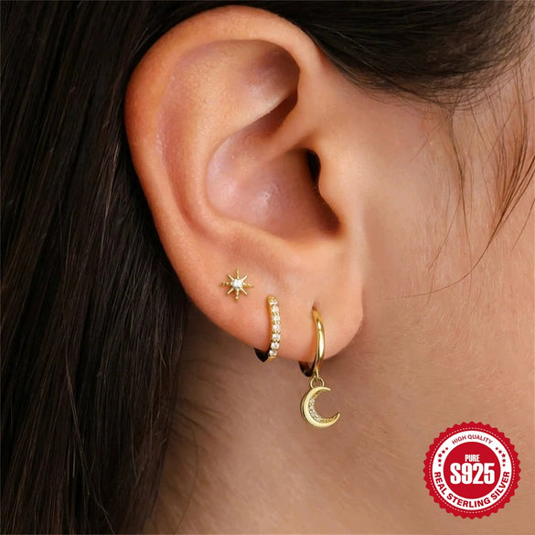 Wholesale S925 Sterling Silver Geometric Star Moon Pendant Earrings For Women With Electroplating