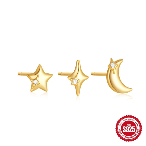 Wholesale S925 Sterling Silver Geometric Star Moon Sun Earrings With Electroplating And Pearl Minimalist Style