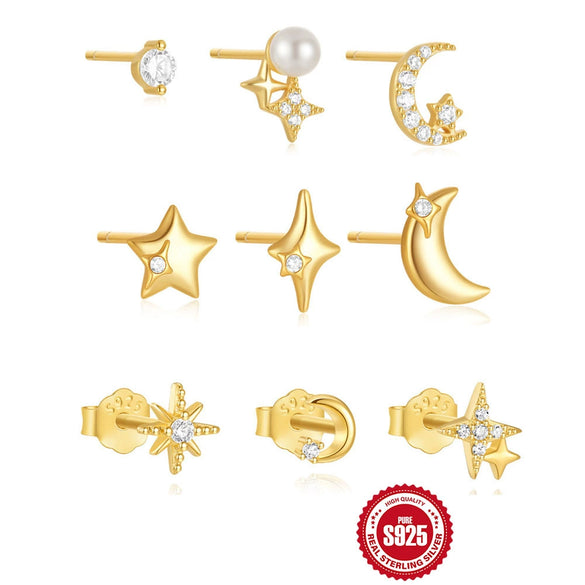 Wholesale S925 Sterling Silver Geometric Star Moon Sun Earrings With Electroplating And Pearl Minimalist Style