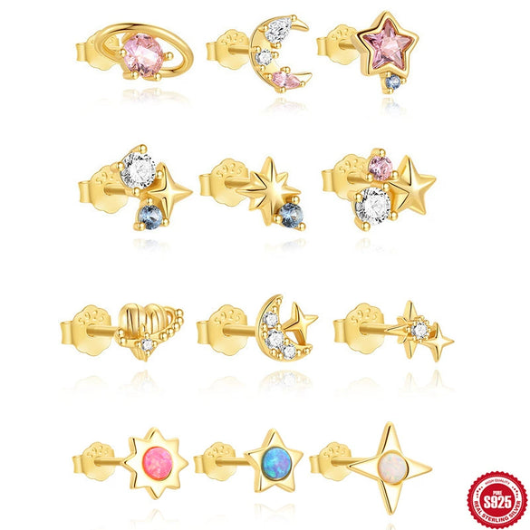 Wholesale S925 Sterling Silver Geometric Star Series Colored Diamond Earrings Threepiece Set For Women With Electroplating
