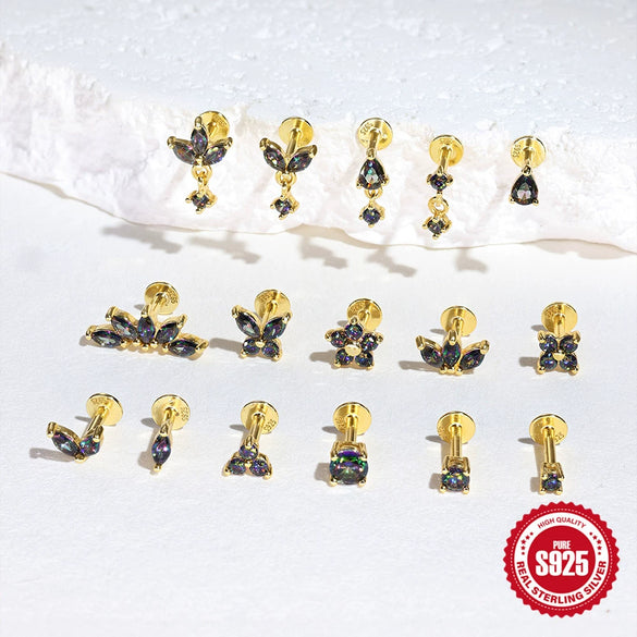 Wholesale S925 Sterling Silver Geometric Style Ear Jewelry With Environmentally Friendly Electroplating And Rainbow Stone