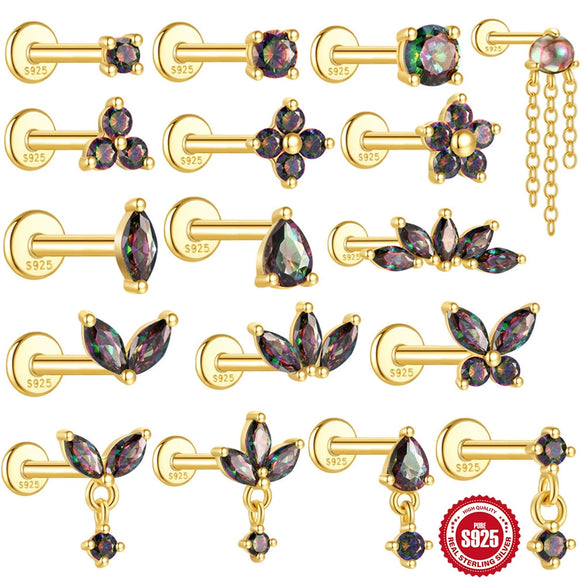 Wholesale S925 Sterling Silver Geometric Style Ear Jewelry With Environmentally Friendly Electroplating And Rainbow Stone