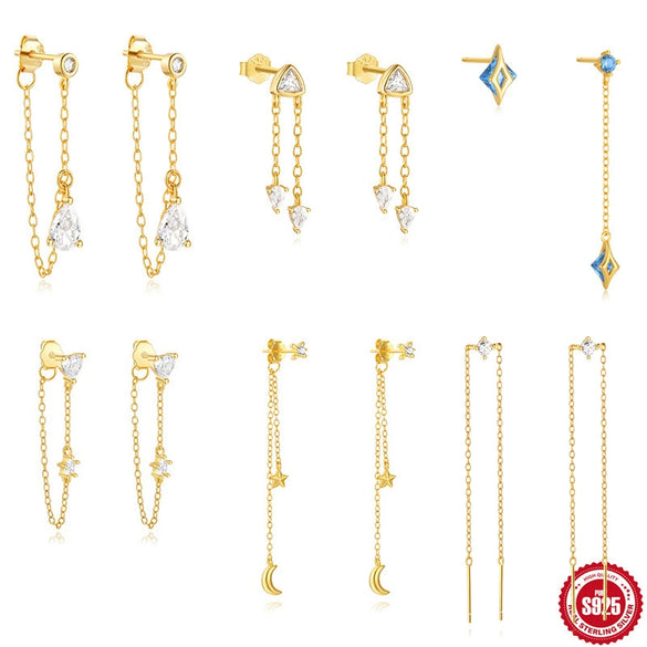 Wholesale S925 Sterling Silver Geometric Tassel Chain Rear Hanging Earrings For Women With Single Diamond Simple Cold Style