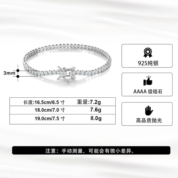 Wholesale S925 Sterling Silver Geometric Tennis Chain Bracelet Electroplated Hiphop Square Unisex Women
