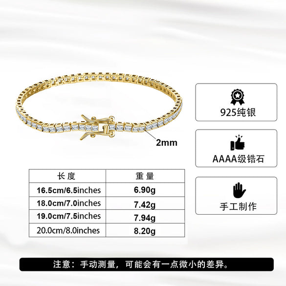 Wholesale S925 Sterling Silver Geometric Tennis Chain Bracelet Electroplated Hiphop Square Unisex Women