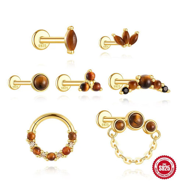 Wholesale S925 Sterling Silver Geometric Tiger Eye Stone Classic Horse Eye Crown Diamond Piercing Earrings With Zirconia