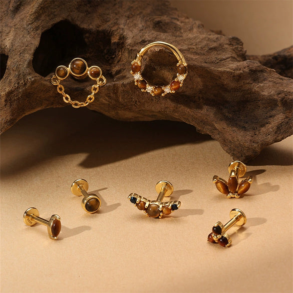 Wholesale S925 Sterling Silver Geometric Tiger Eye Stone Classic Horse Eye Crown Diamond Piercing Earrings With Zirconia