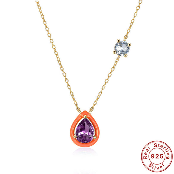 Wholesale S925 Sterling Silver Geometric Water Drop Enamel Drop Oil Pendant Necklace With Electroplating For Women