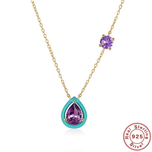 Wholesale S925 Sterling Silver Geometric Water Drop Enamel Drop Oil Pendant Necklace With Electroplating For Women