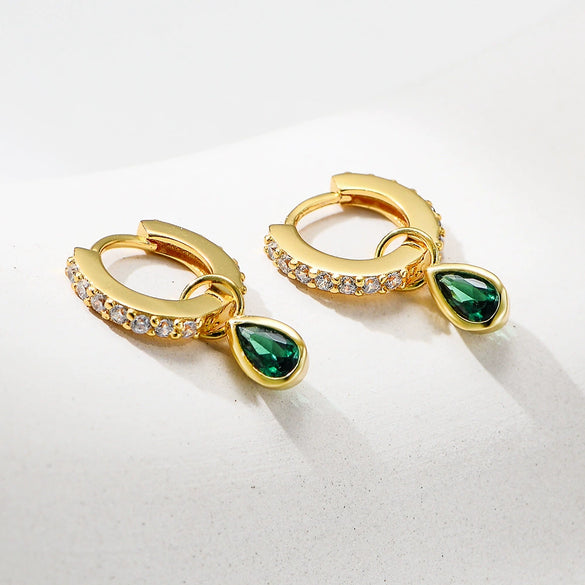 Wholesale S925 Sterling Silver Geometric Water Drop Shape Emerald Zircon Diamond Minimalist Style Women's Earrings