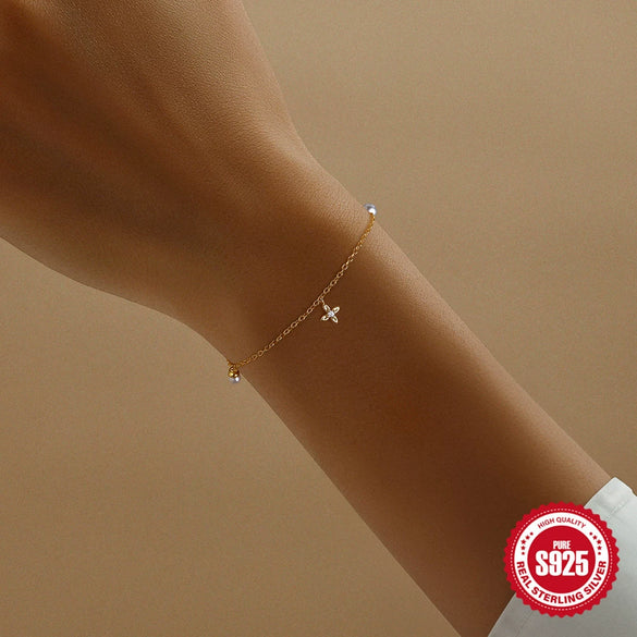 Wholesale S925 Sterling Silver Geometric Women's Bracelet With Diamond Pearl Electroplated