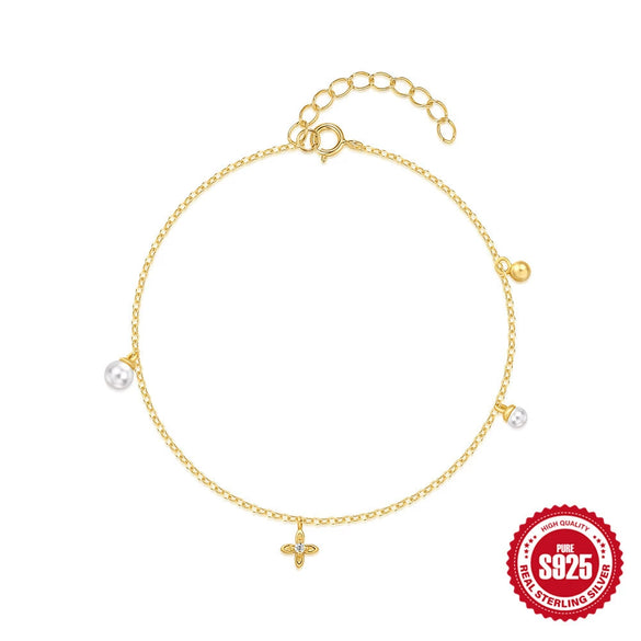 Wholesale S925 Sterling Silver Geometric Women's Bracelet With Diamond Pearl Electroplated