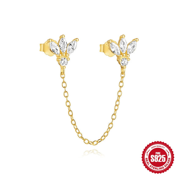 Wholesale S925 Sterling Silver Geometric Zircon Chain Double Ear Hole Fashion Earrings With Real Gold Plating