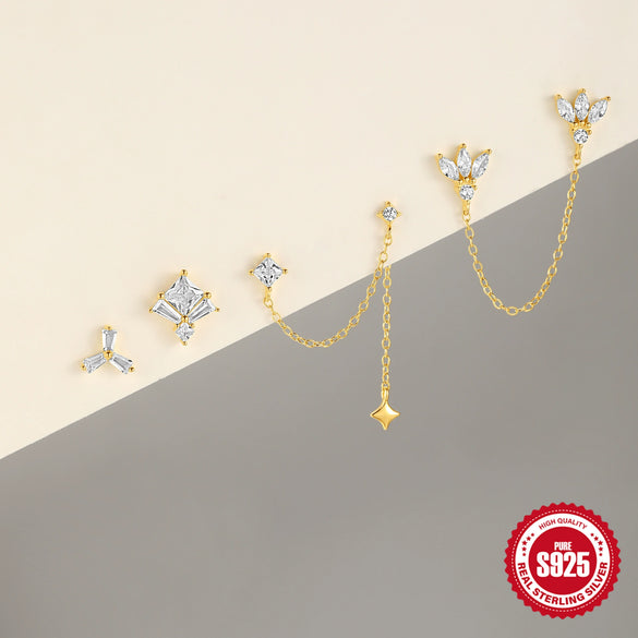 Wholesale S925 Sterling Silver Geometric Zircon Chain Double Ear Hole Fashion Earrings With Real Gold Plating