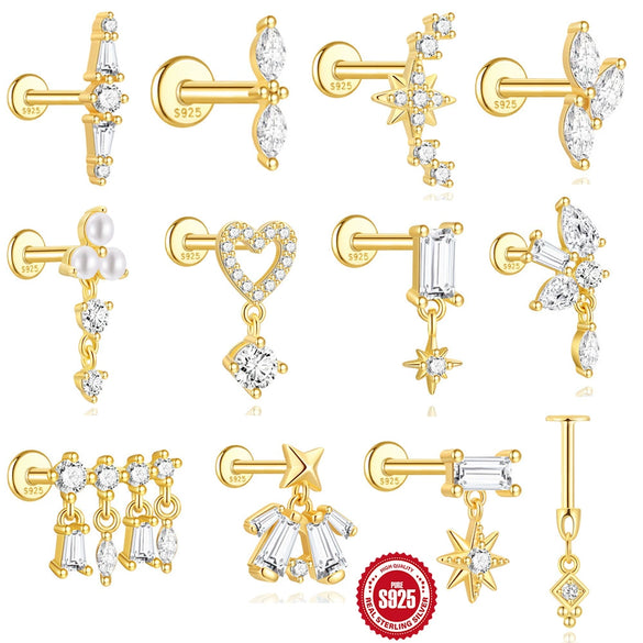 Wholesale S925 Sterling Silver Geometric Zircon Flat Head Cartilage Thread Puncture Ear Bone Nail With Pearl Environmentally Friendly Electroplated Unisex Ear Jewelry