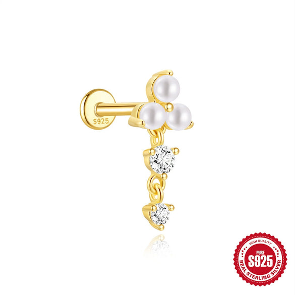 Wholesale S925 Sterling Silver Geometric Zircon Flat Head Cartilage Thread Puncture Ear Bone Nail With Pearl Environmentally Friendly Electroplated Unisex Ear Jewelry