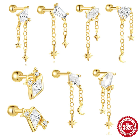 Wholesale S925 Sterling Silver Geometric Zircon Star Moon Beads Threaded Piercing Ear Bone Nails Tassel Earrings With Environmentally Friendly Electroplating