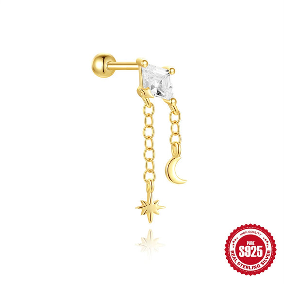 Wholesale S925 Sterling Silver Geometric Zircon Star Moon Beads Threaded Piercing Ear Bone Nails Tassel Earrings With Environmentally Friendly Electroplating
