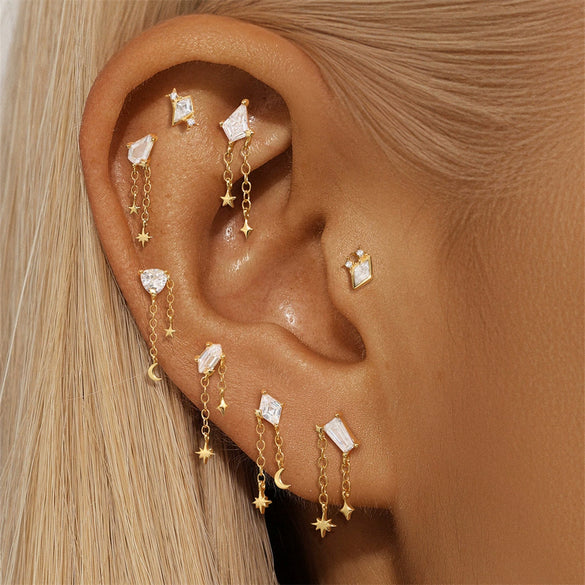 Wholesale S925 Sterling Silver Geometric Zircon Star Moon Beads Threaded Piercing Ear Bone Nails Tassel Earrings With Environmentally Friendly Electroplating