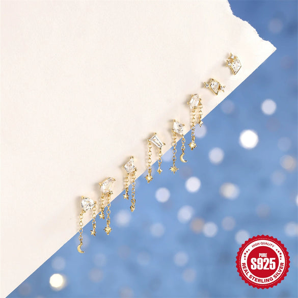Wholesale S925 Sterling Silver Geometric Zircon Star Moon Eight Pointed Star Tassel Ball Piercing Ear Bone Nail Earrings With Electroplating