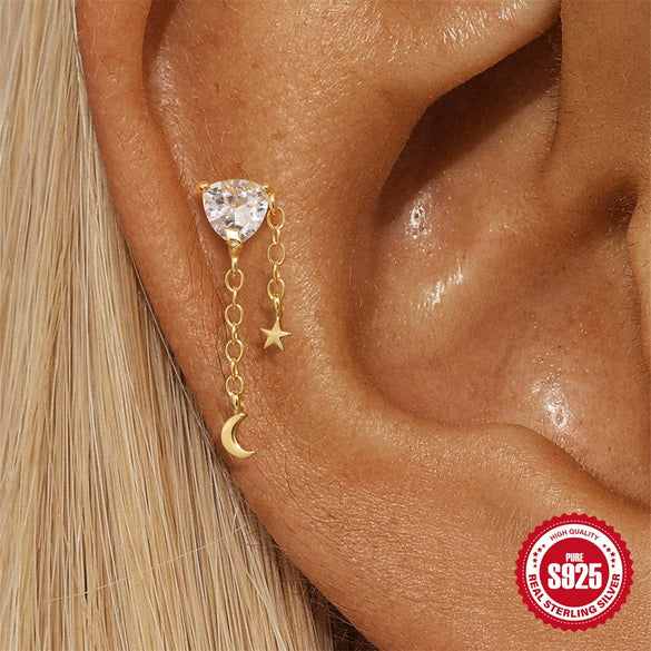 Wholesale S925 Sterling Silver Geometric Zircon Star Moon Eight Pointed Star Tassel Ball Piercing Ear Bone Nail Earrings With Electroplating
