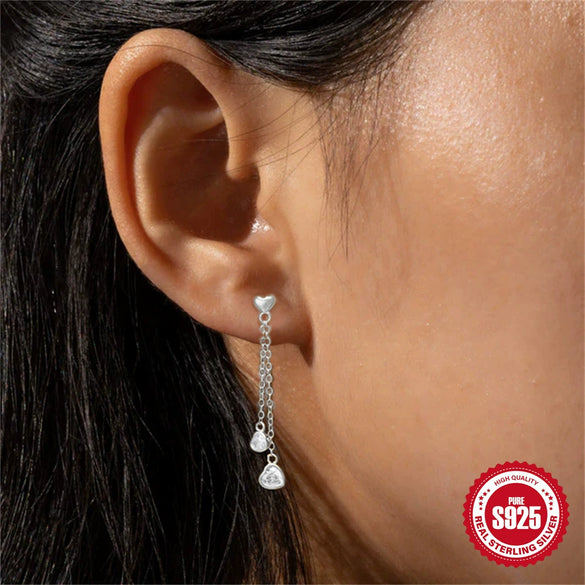 Wholesale S925 Sterling Silver Glossy Love Tassel Chain Inlaid Love Zircon Geometric Minimalist Earrings For Women