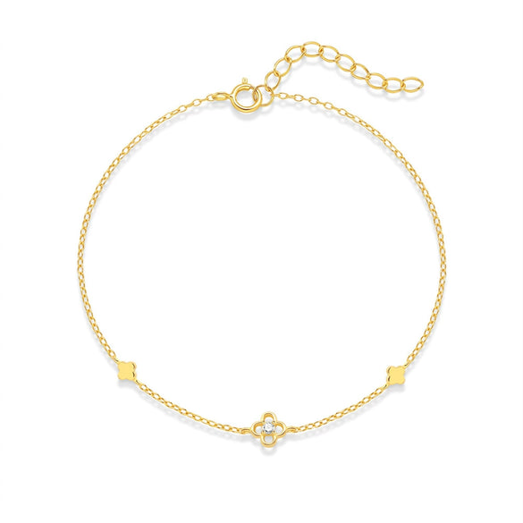 Wholesale S925 Sterling Silver Goldplated Simple Plain Glossy Flower Fourleaf Clover Women's Bracelet