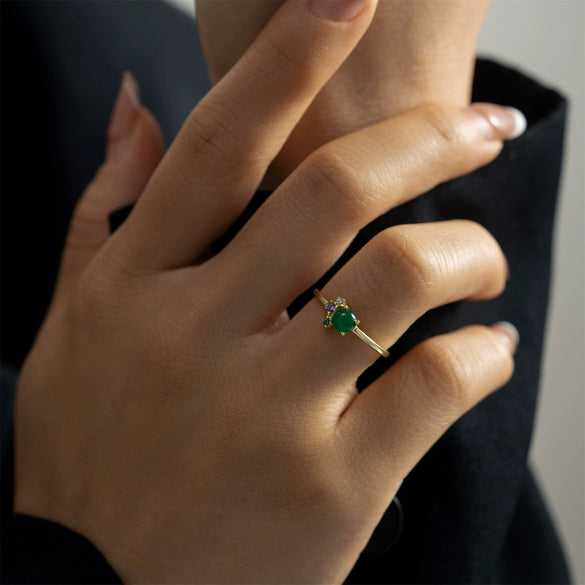Wholesale S925 Sterling Silver Green Stone Classic Ring With Geometric Design For Women Electroplated 18K Gold