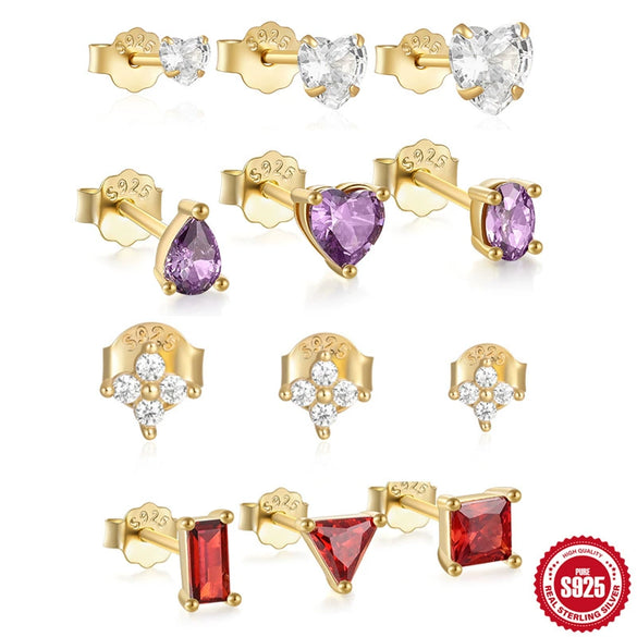 Wholesale S925 Sterling Silver Heart Geometric Four Petal Flower Earrings Piercing Earrings Three Piece Set With Electroplating