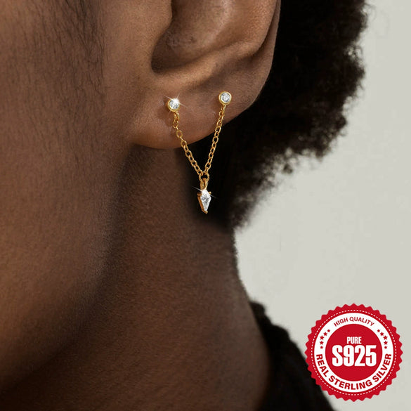 Wholesale S925 Sterling Silver Heart Shaped Diamond Embedded Chain Tassel Earrings For Women With Geometric Design