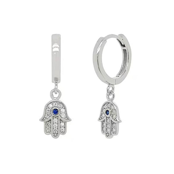 Wholesale S925 Sterling Silver Heart Shaped Earrings With Palm And Devil's Eye Design Inlaid With Diamond Like Zircon Fashion Creative Stylish Cold Style