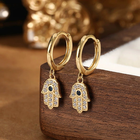 Wholesale S925 Sterling Silver Heart Shaped Earrings With Palm And Devil's Eye Design Inlaid With Diamond Like Zircon Fashion Creative Stylish Cold Style