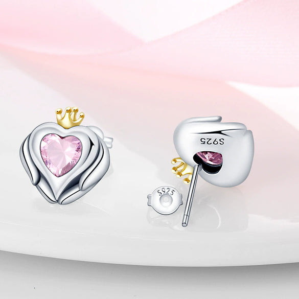 Wholesale S925 Sterling Silver Heart Shaped Wings Crown Earrings With Electroplating For Women